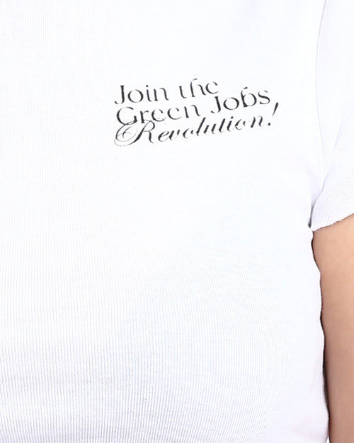 تيشيرت ريفين نسائي بحافة مجعدة "ثورة الوظائف الخضراء" قصير ومضلع - أبيض - R205510