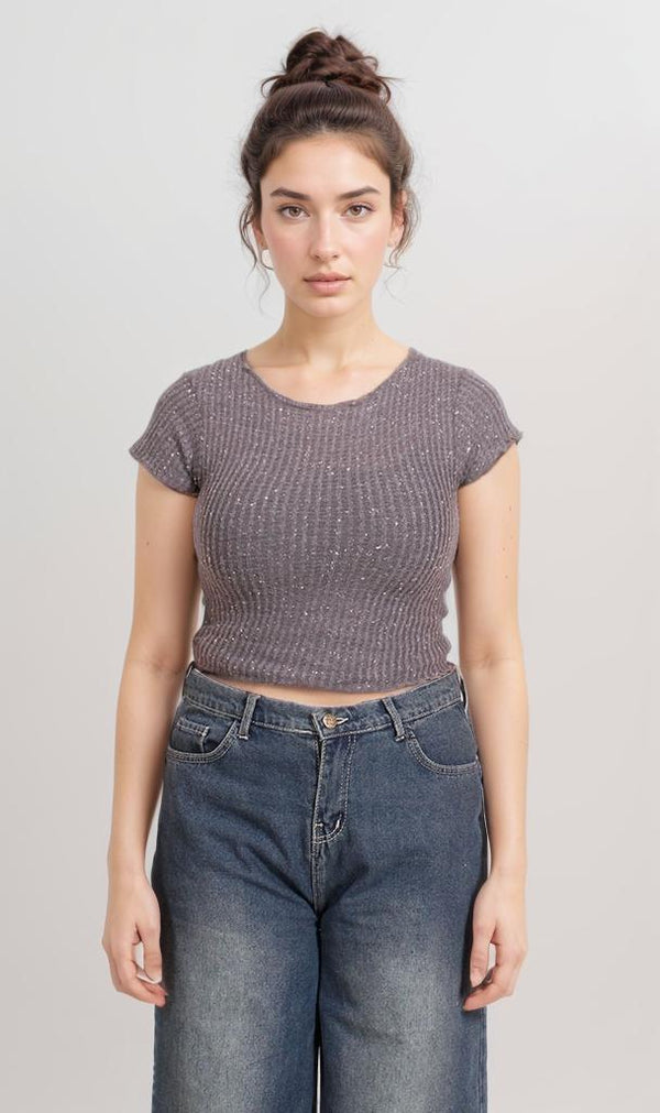 R205511-R205511 - Ribbed Knit Cap Sleeve Top - Grey