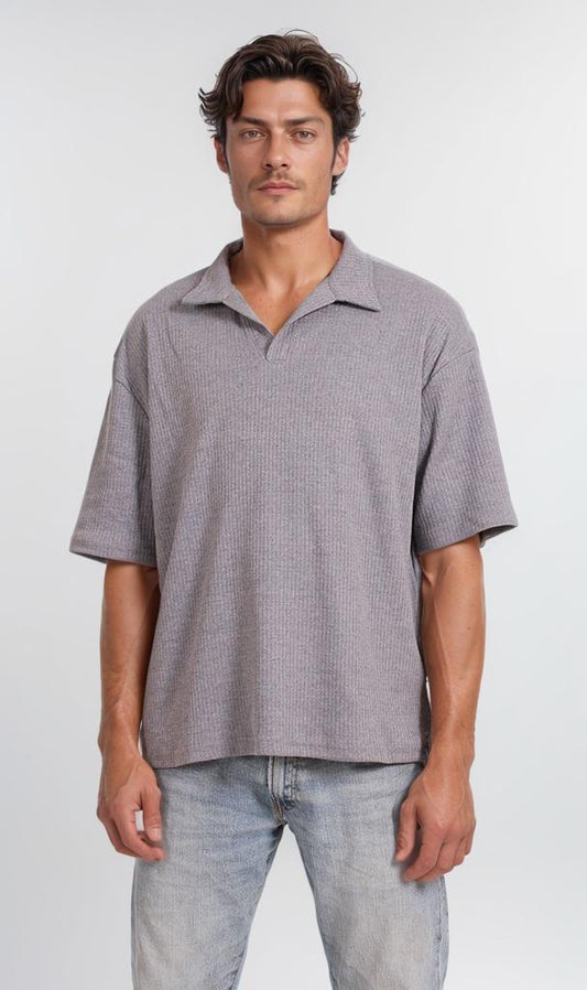 R205809 - Textured Polo Collar T-Shirt – Ash Grey