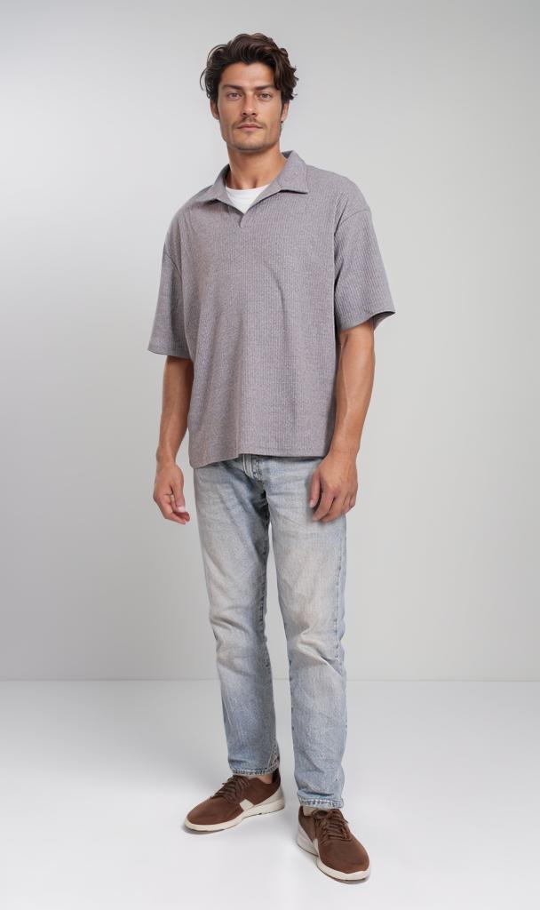 R205809 - Textured Polo Collar T-Shirt – Ash Grey