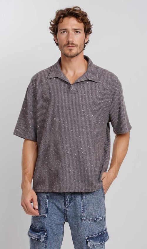 R205812-R205812 - Collared Textured Shirt - Charcoal