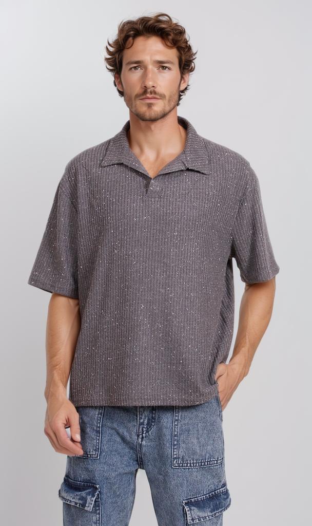 R205812-R205812 - Collared Textured Shirt - Charcoal