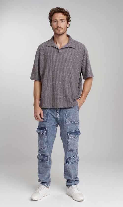 R205812-R205812 - Collared Textured Shirt - Charcoal