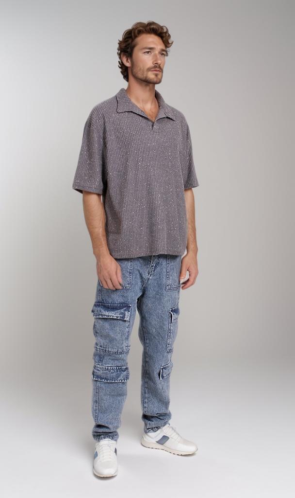 R205812-R205812 - Collared Textured Shirt - Charcoal