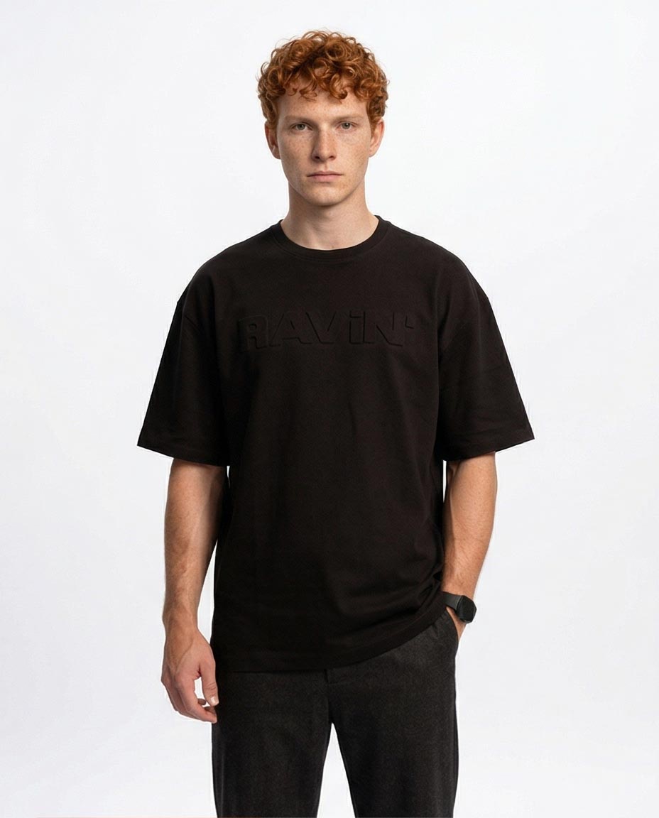 Men's Oversized Heavyweight T-Shirt with Tonal 3D "ravin" Embossed Logo