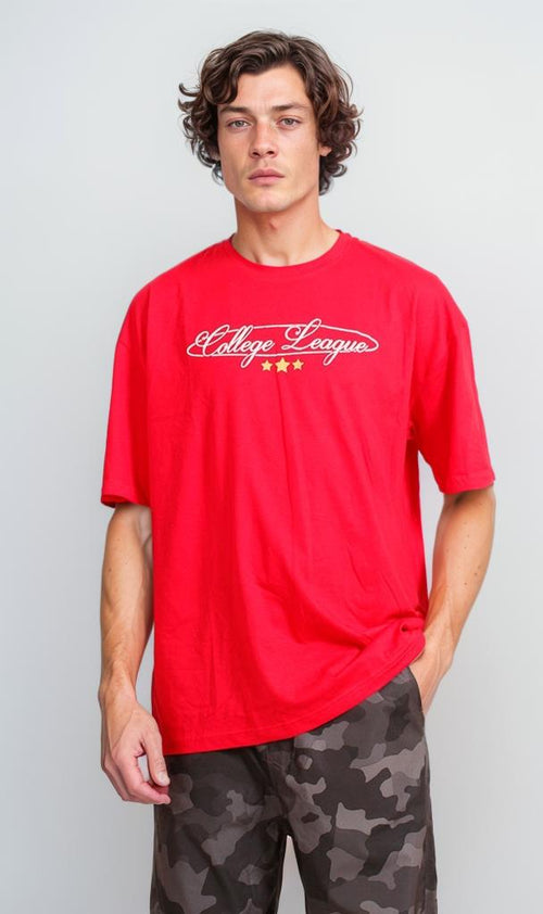 R205816 - Graphic Printed Oversized T-Shirt - Red