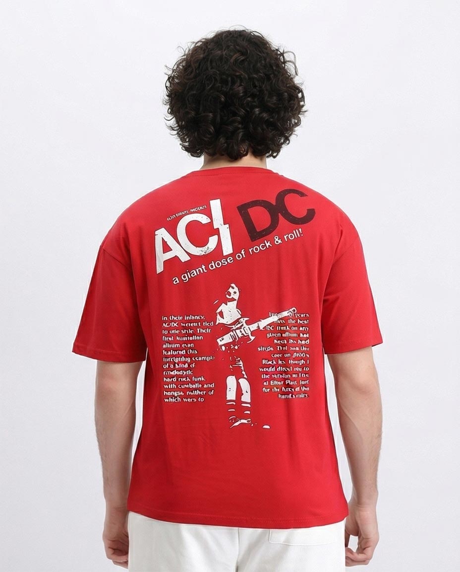 RAVIN | تيشيرت AC/DC جرافيك كبير الحجم "جرعة عملاقة من الروك أند رول" - أحمر - R205817