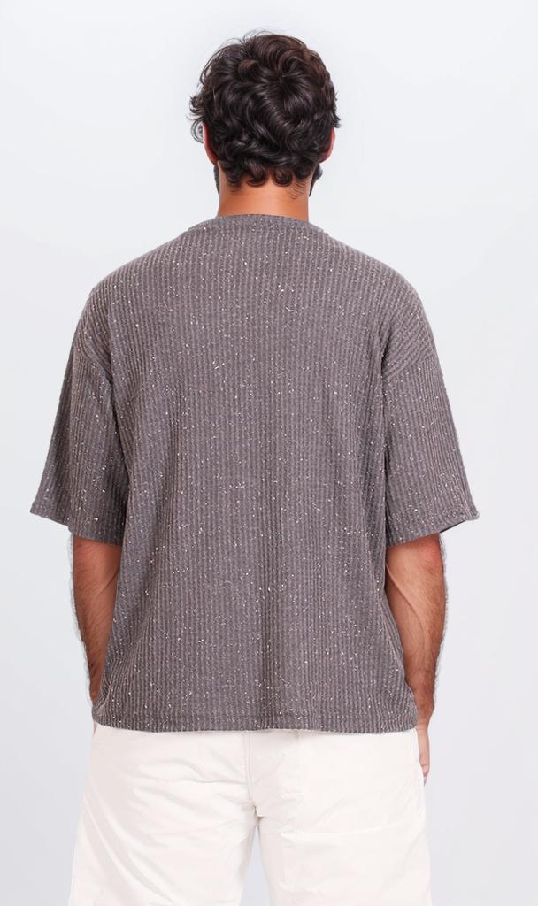 R205833 - تي شيرت أوفرسايز جاكار بنقوش بارزة - رمادي داكن