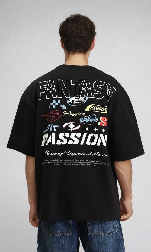 R205836 - Relaxed Tee with Front & Back Print - Black