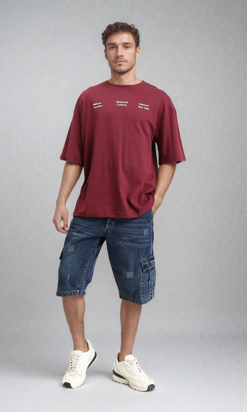R205839 - تي شيرت بطباعة مريح - أحمر داكن