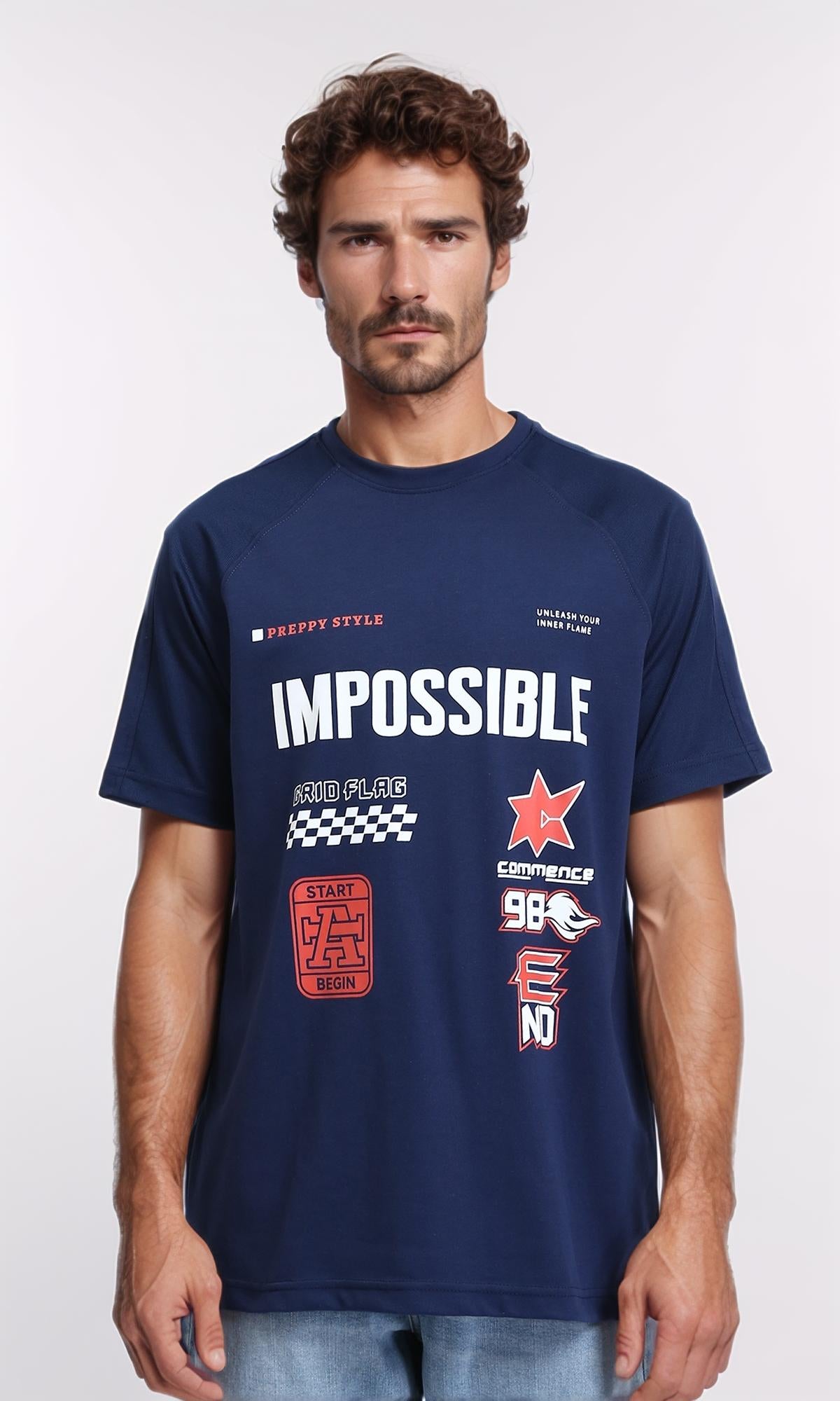 Short Sleeves Printed "impossible" Tee - Navy Blue