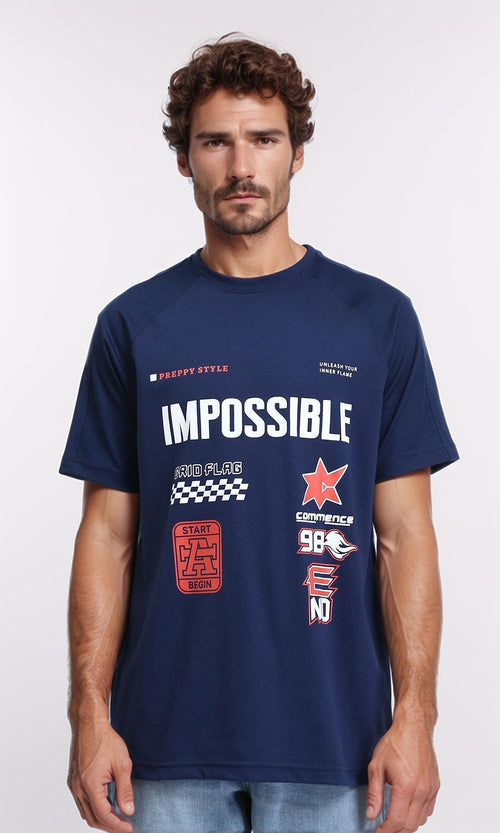 Short Sleeves Printed "impossible" Tee - Navy Blue