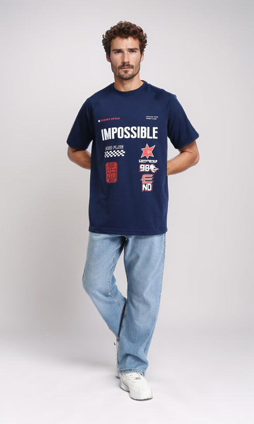 R205841 - Short Sleeves Printed "Impossible" Tee - Navy Blue