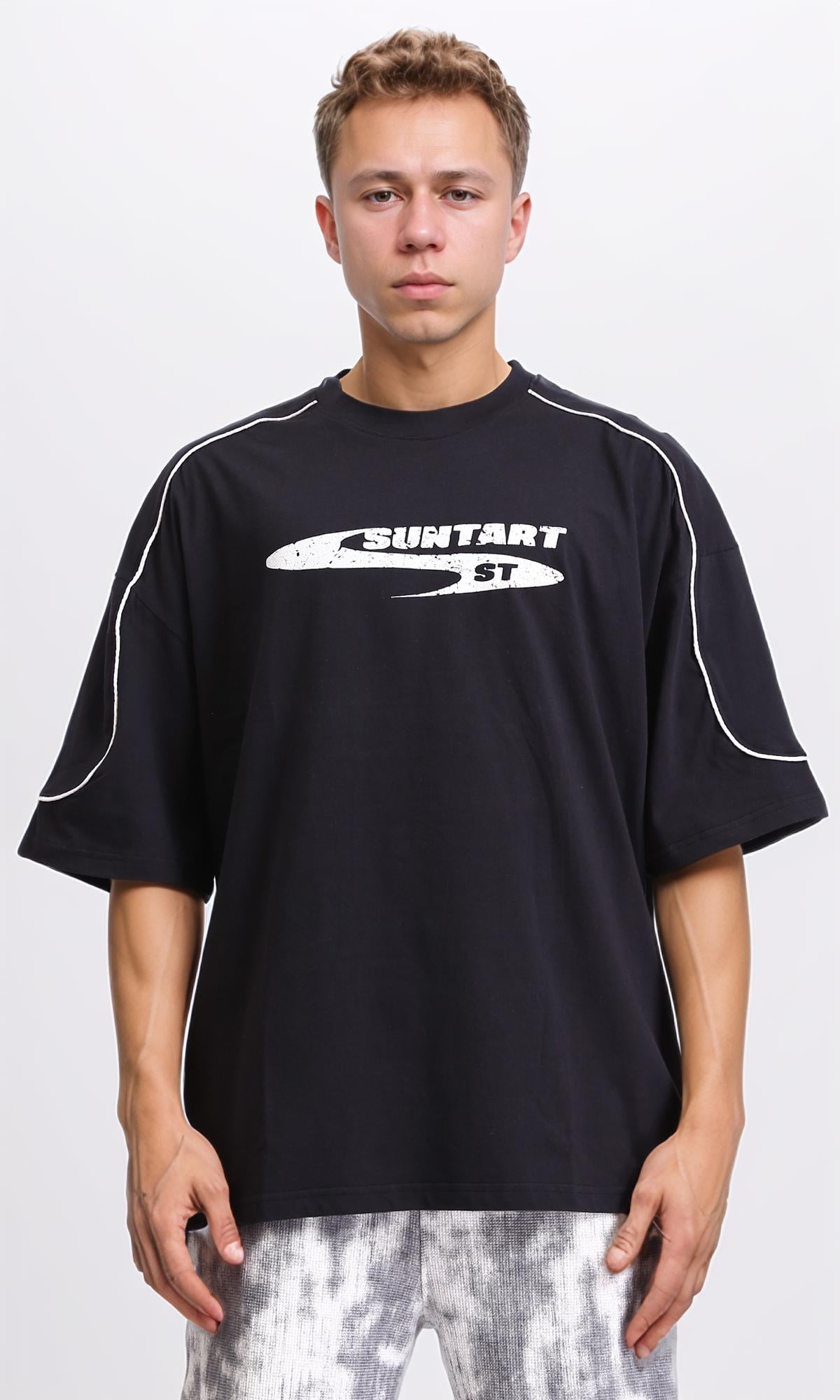 Slip On Printed Oversized Summer Tee - Black