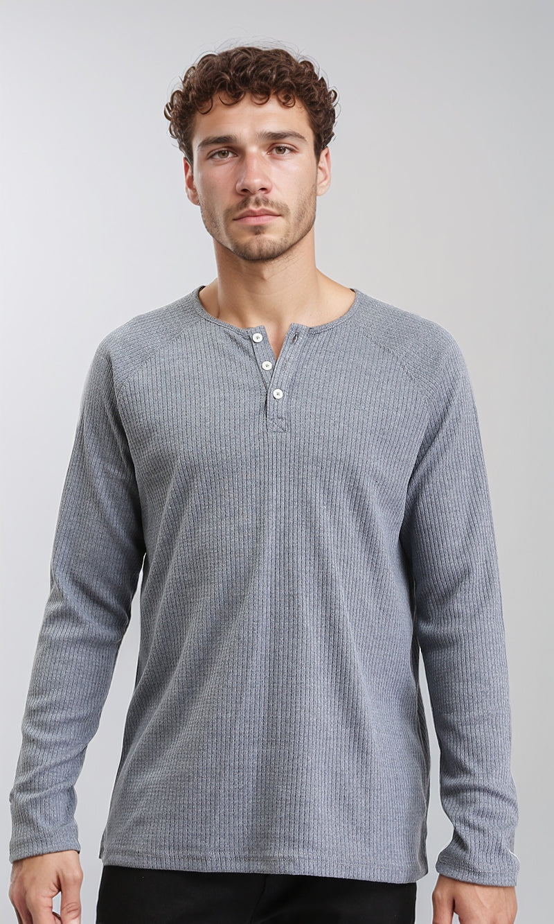 R205846 - Buttoned Crew Neck Henley Shirt - Medium Grey