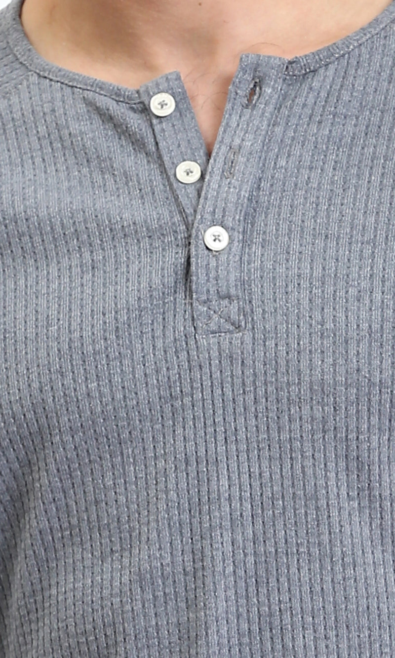 R205846 - Buttoned Crew Neck Henley Shirt - Medium Grey