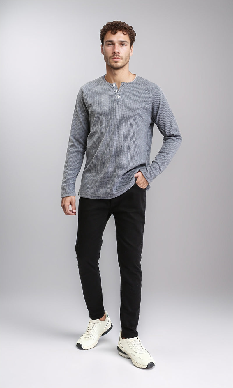 R205846 - Buttoned Crew Neck Henley Shirt - Medium Grey