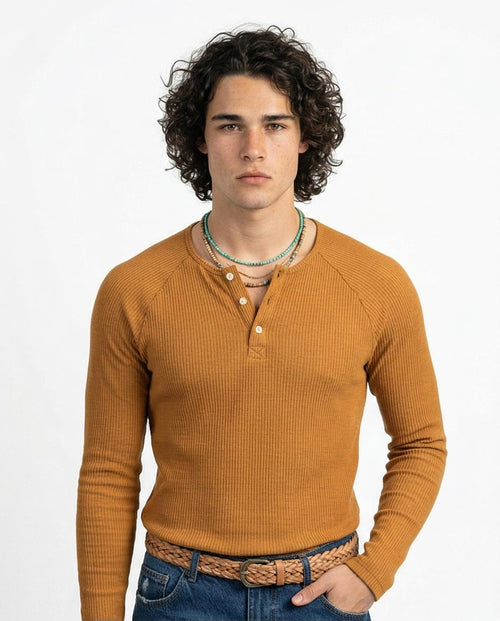 Ravin Men’s Mustard Ribbed Raglan Henley – Slim Fit Long Sleeve - R205848