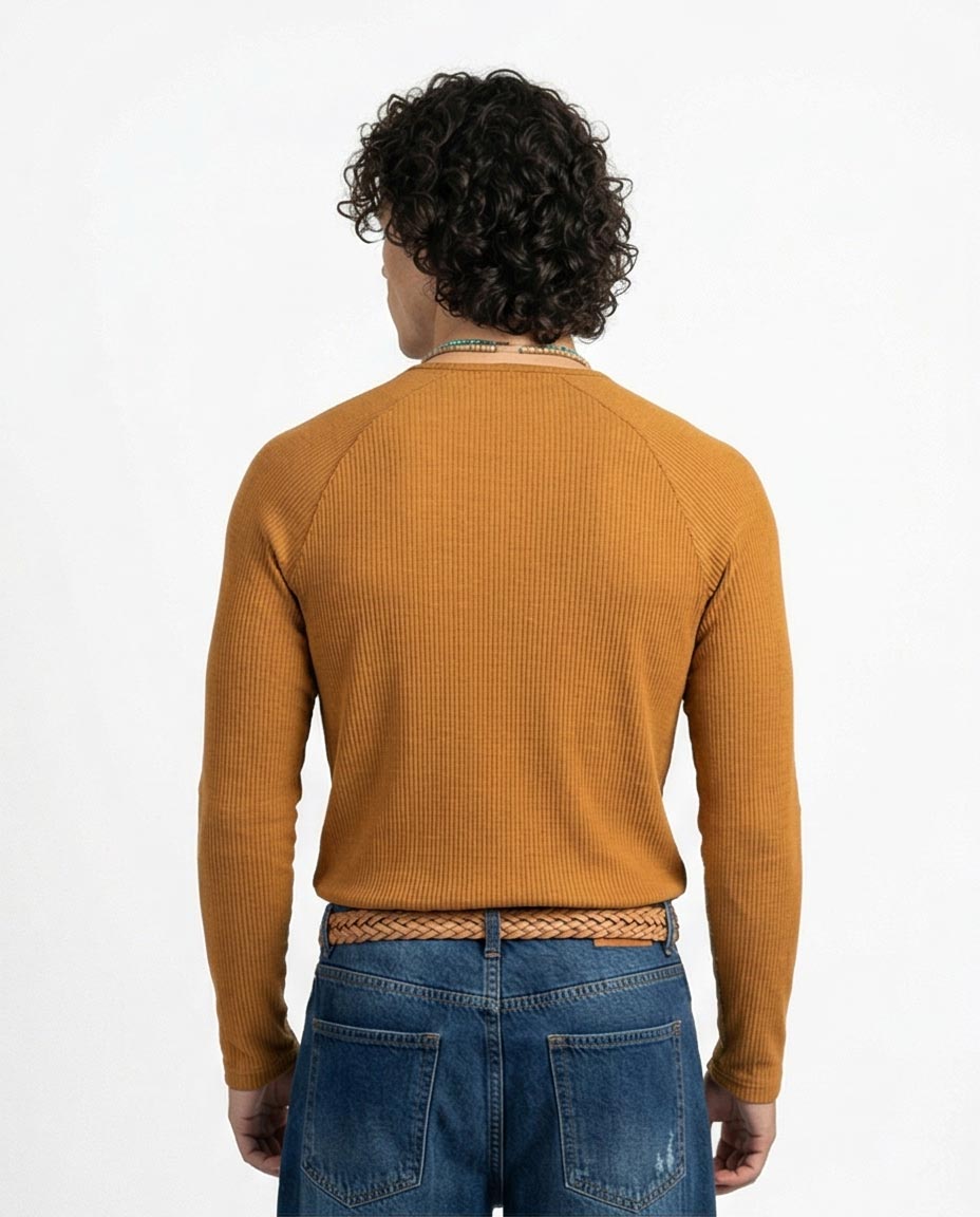 Ravin Men’s Mustard Ribbed Raglan Henley – Slim Fit Long Sleeve - R205848