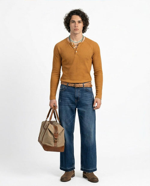 Ravin Men’s Mustard Ribbed Raglan Henley – Slim Fit Long Sleeve - R205848