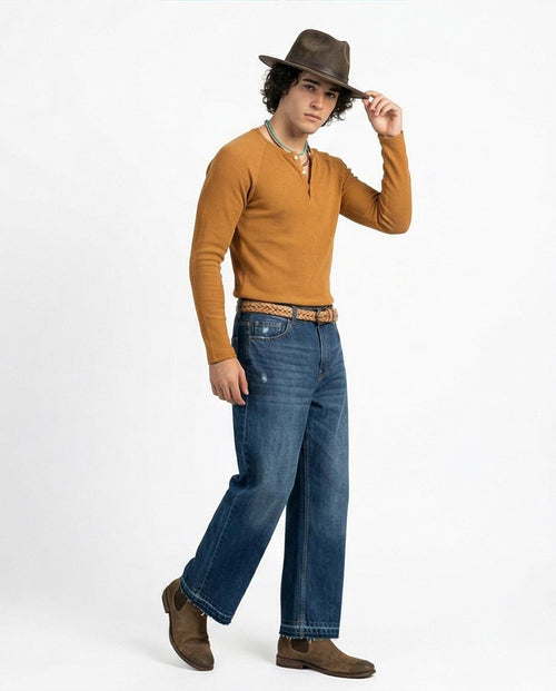 Ravin Men’s Mustard Ribbed Raglan Henley – Slim Fit Long Sleeve - R205848