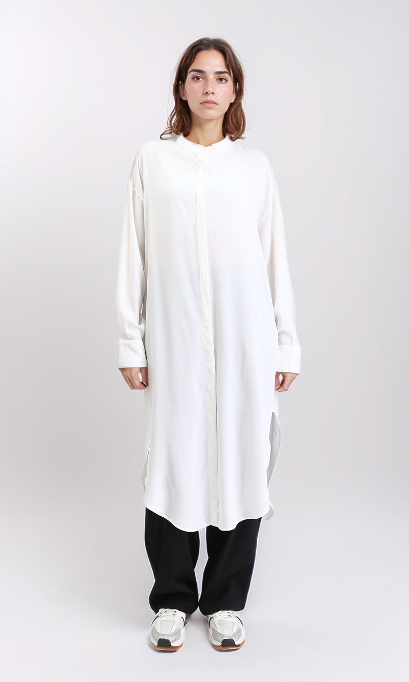 R205857 - Solid Long Shirt with Mandarin Collar - Off-White