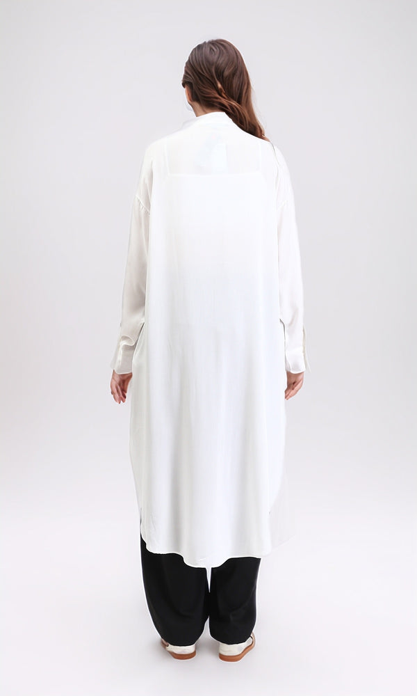 R205857 - Solid Long Shirt with Mandarin Collar - Off-White