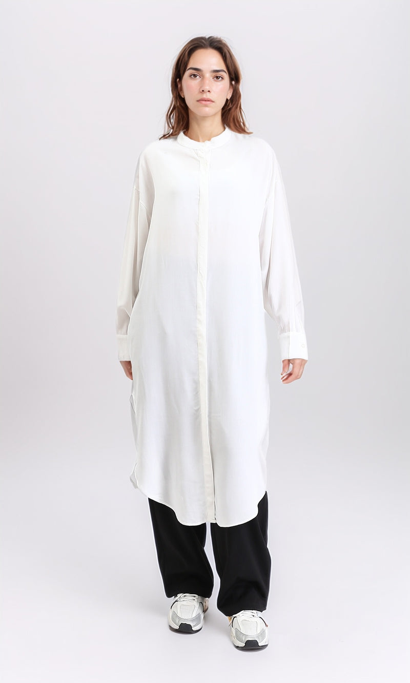 R205857 - Solid Long Shirt with Mandarin Collar - Off-White