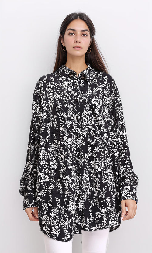 R205858 - Patterned Long Sleeves Summer Shirt - Black & White