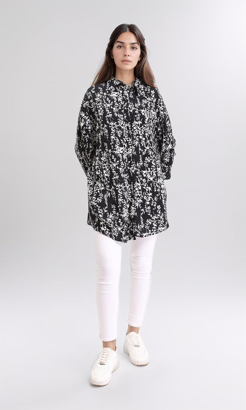 R205858 - Patterned Long Sleeves Summer Shirt - Black & White