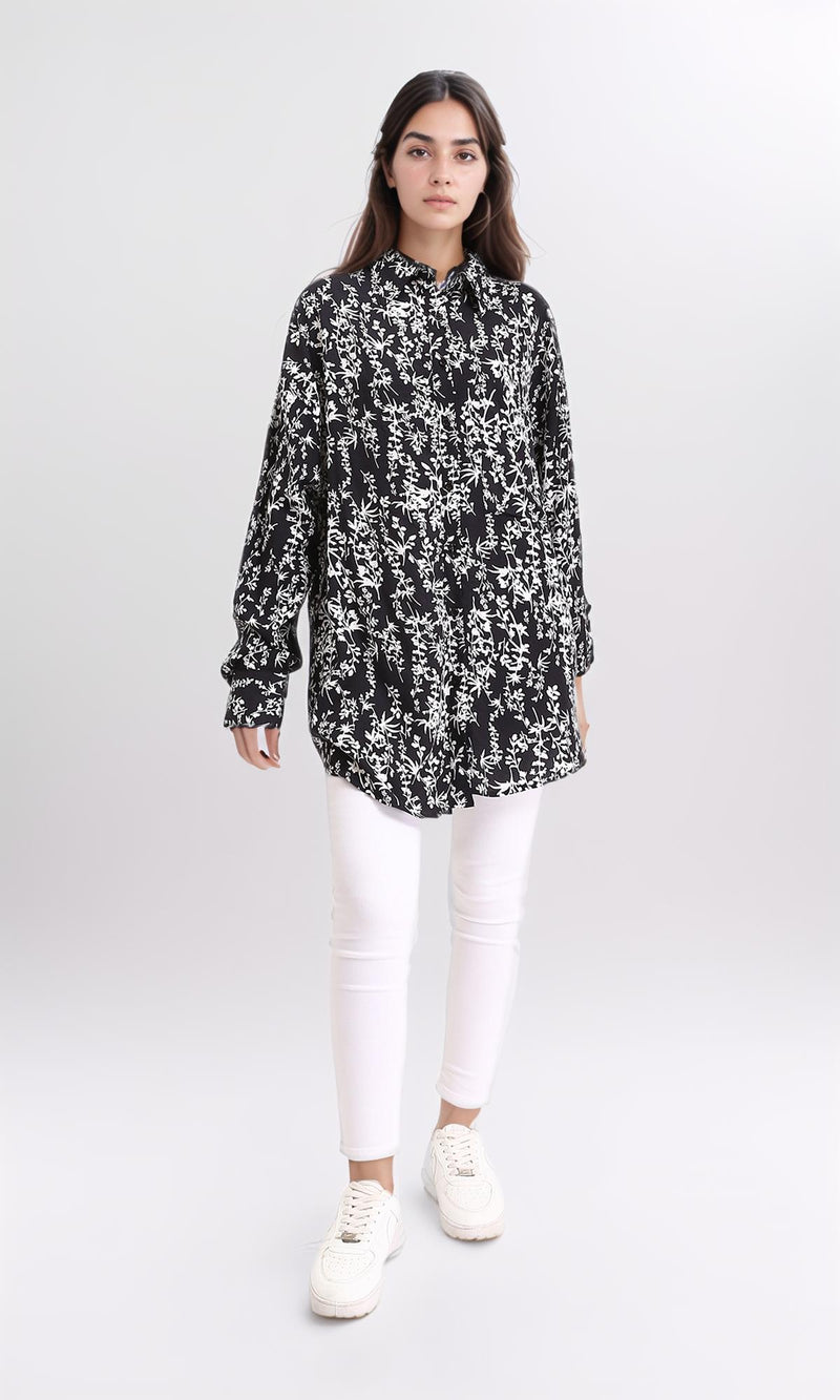 R205858 - Patterned Long Sleeves Summer Shirt - Black & White