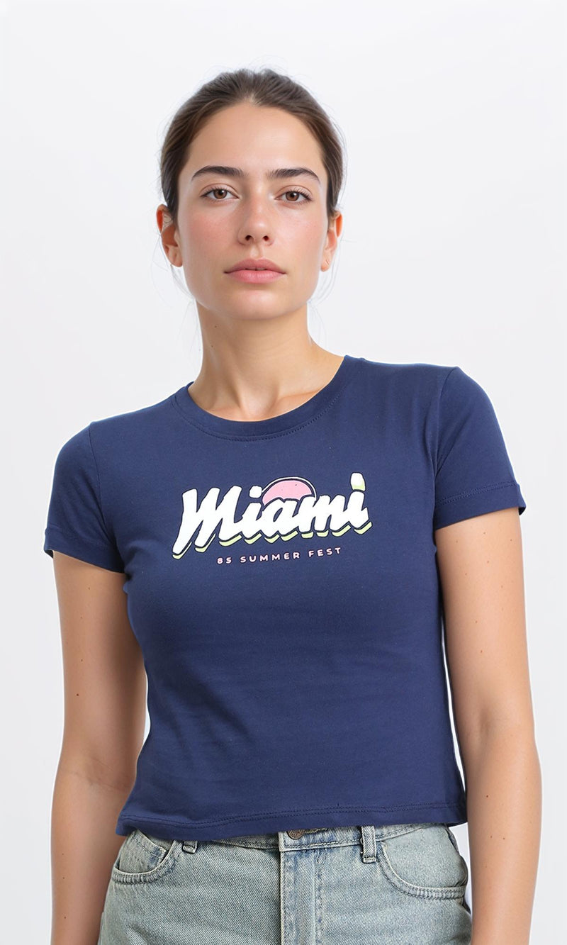 R205862 - "Miami" Printed Cotton Short Tee - Navy Blue
