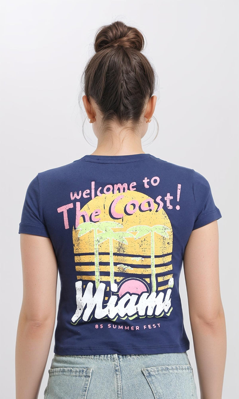 R205862 - "Miami" Printed Cotton Short Tee - Navy Blue