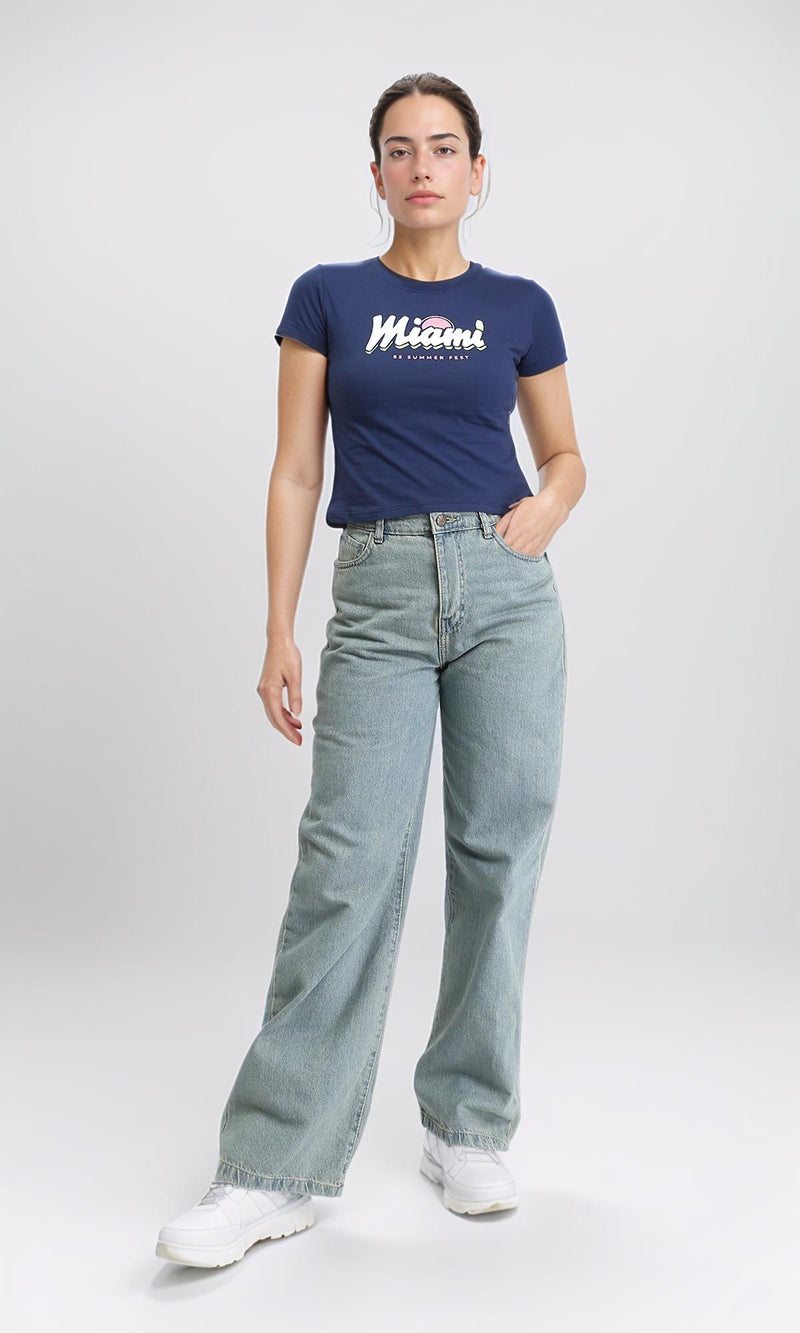 R205862 - "Miami" Printed Cotton Short Tee - Navy Blue