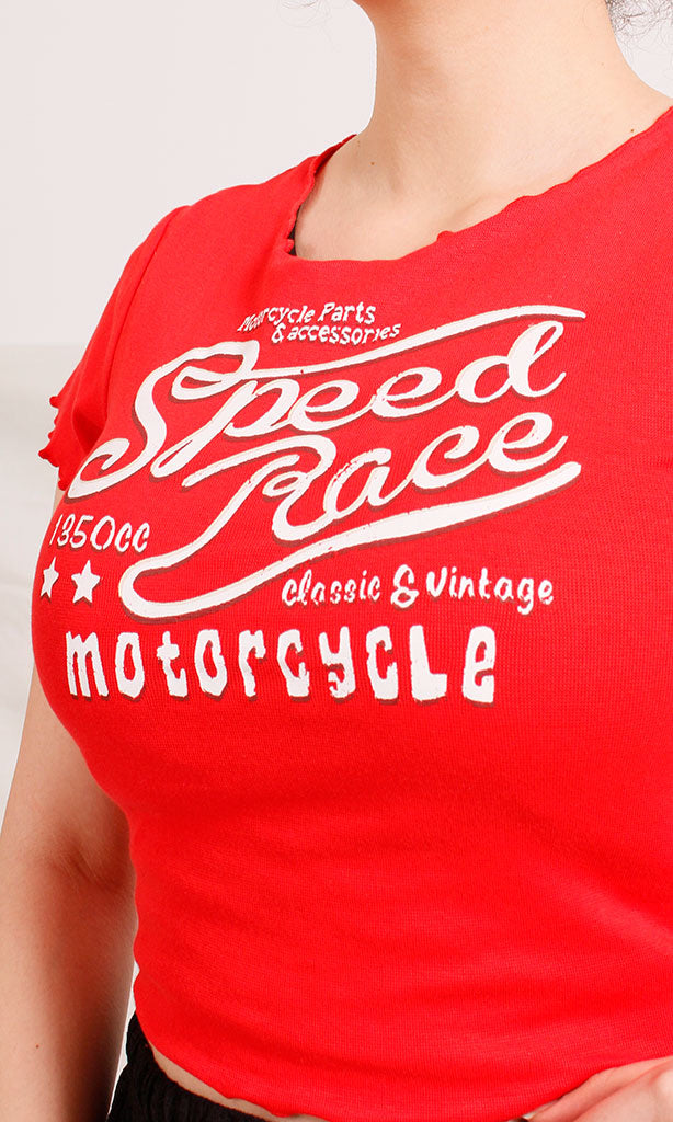 Red Speed Race Graphic Print Crop T-Shirt