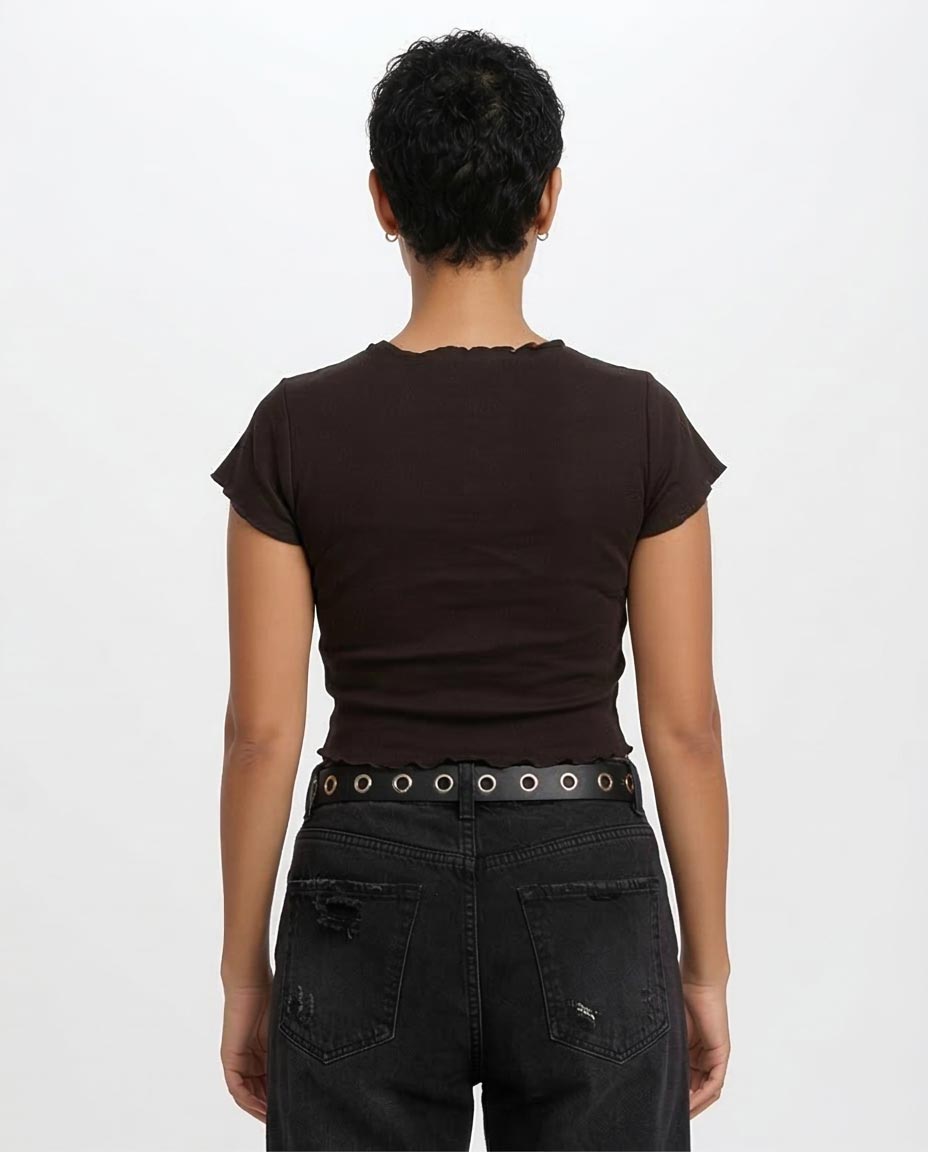 R205866 Ravin Women’s Ivory Palace Lettuce-Trim Cropped Graphic Tee – Black