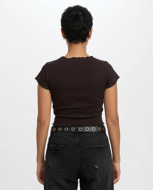 R205866 Ravin Women’s Ivory Palace Lettuce-Trim Cropped Graphic Tee – Black