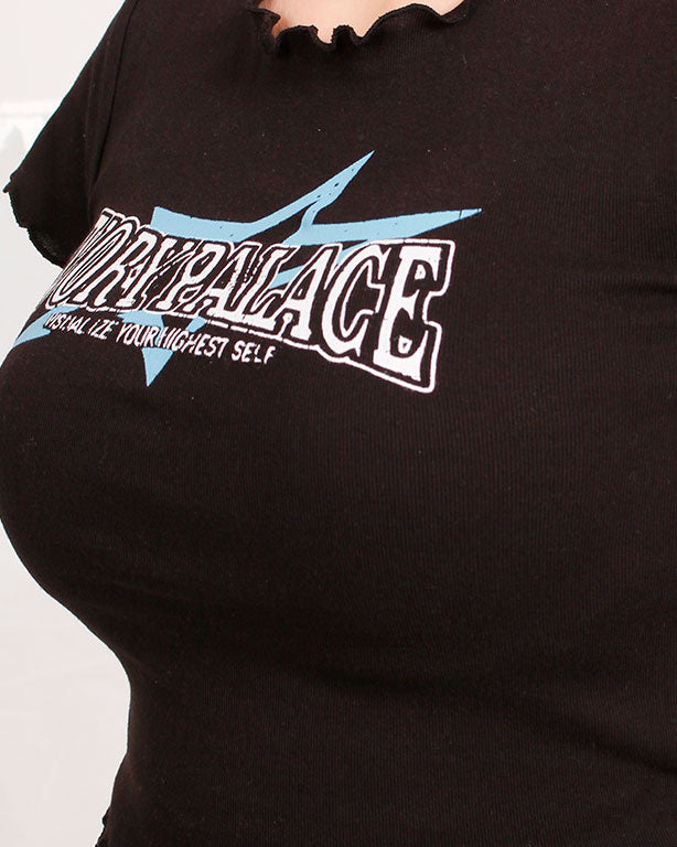 R205866 Ravin Women’s Ivory Palace Lettuce-Trim Cropped Graphic Tee – Black