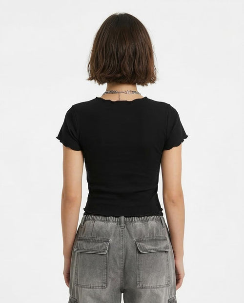 Ravin Women's "Love Yourself" Lettuce-Edge Graphic Baby Tee – Black - R205867