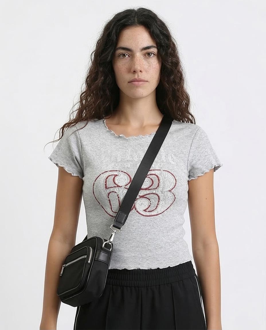 Women's Lettuce-Edge Graphic Baby Tee - Heather Grey