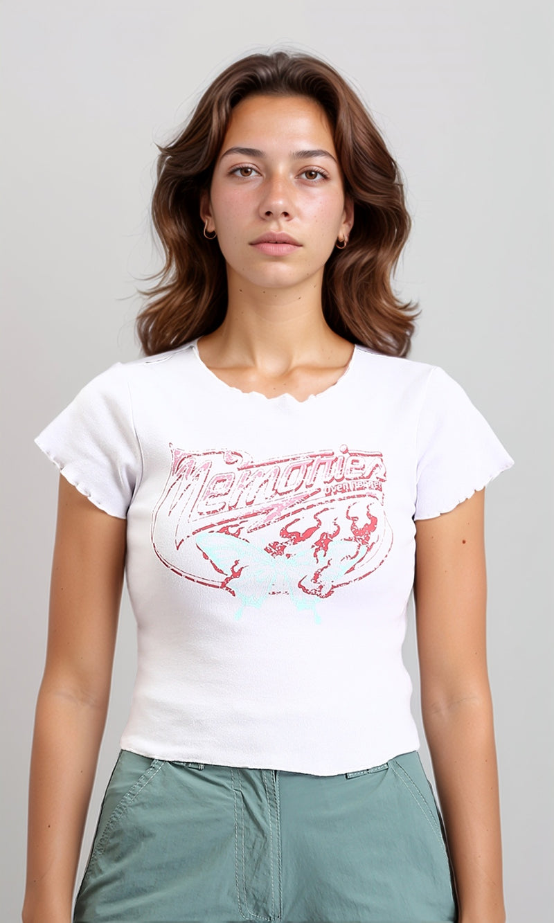 R205870 - Short Sleeves Printed Lettuce Top - White