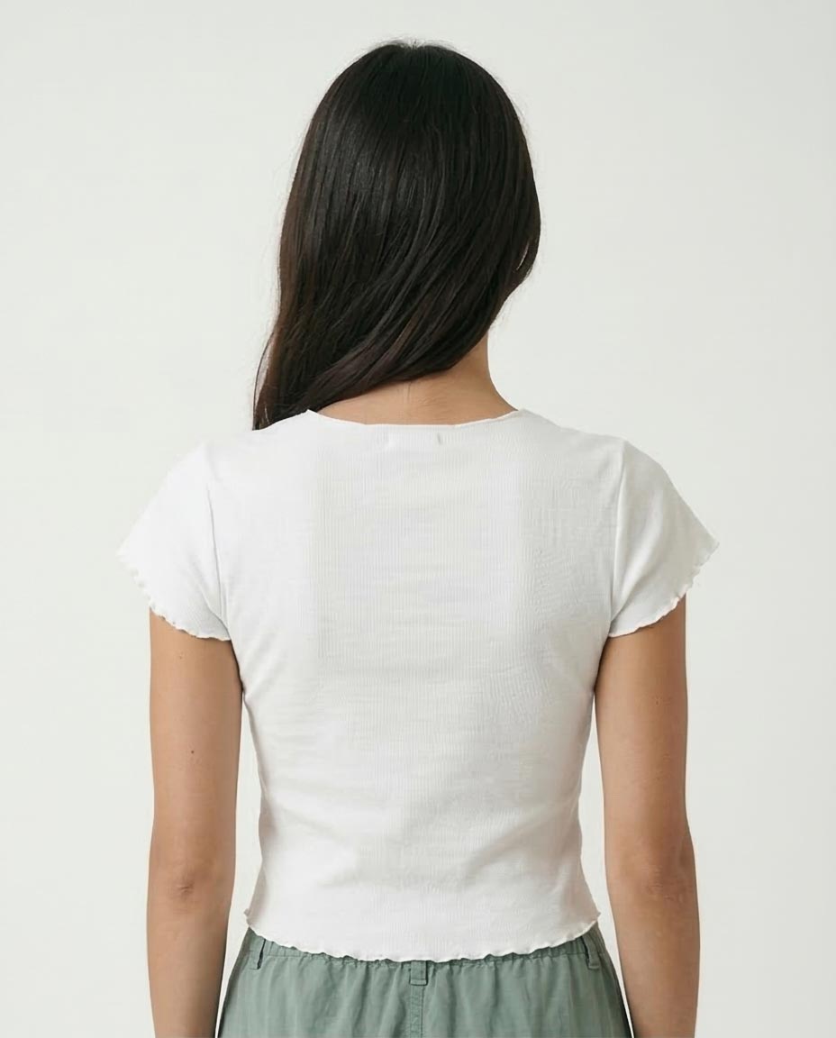 Ravin Women's "Memories" Graphic Baby Tee – Lettuce-Edge Ribbed Crop Top - White - R205870