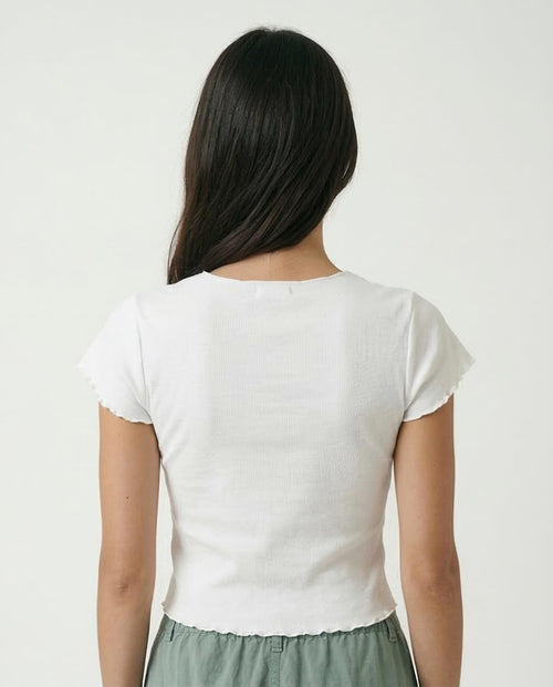 Ravin Women's "Memories" Graphic Baby Tee – Lettuce-Edge Ribbed Crop Top - White - R205870