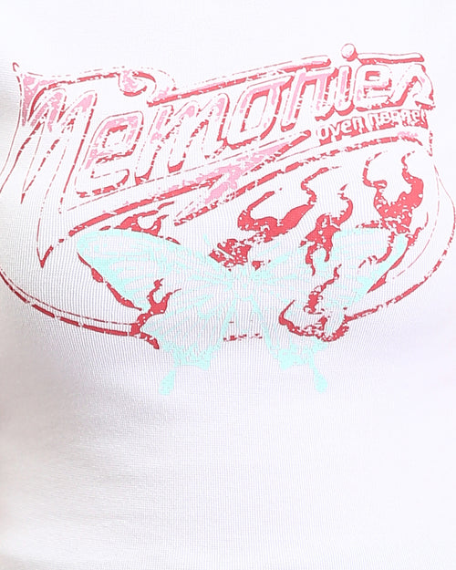 Ravin Women's "Memories" Graphic Baby Tee – Lettuce-Edge Ribbed Crop Top - White - R205870