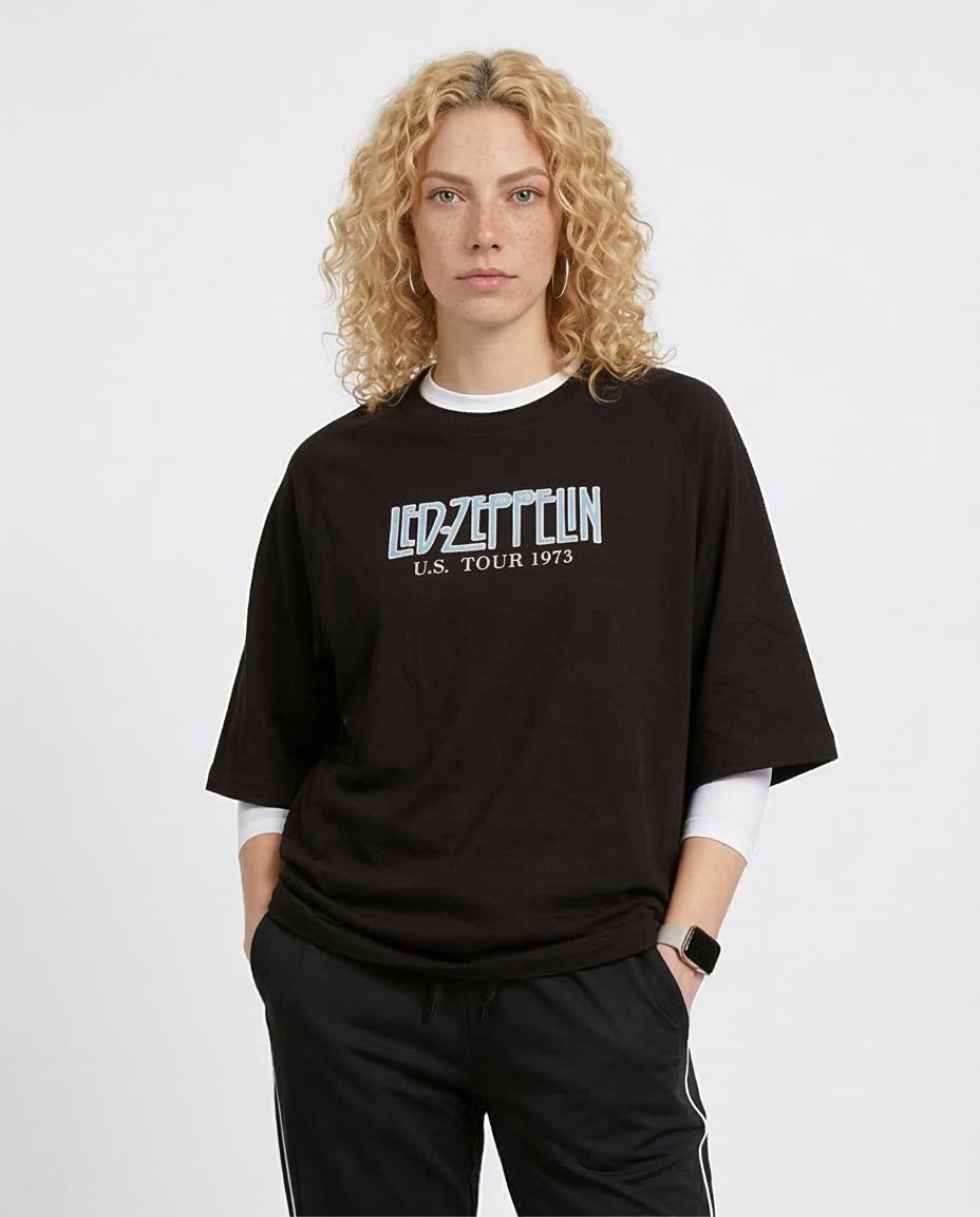 Person wearing a black t-shirt with 'Led Zeppelin' text on a white background