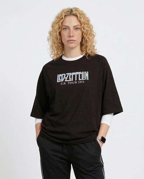 Person wearing a black t-shirt with 'Led Zeppelin' text on a white background