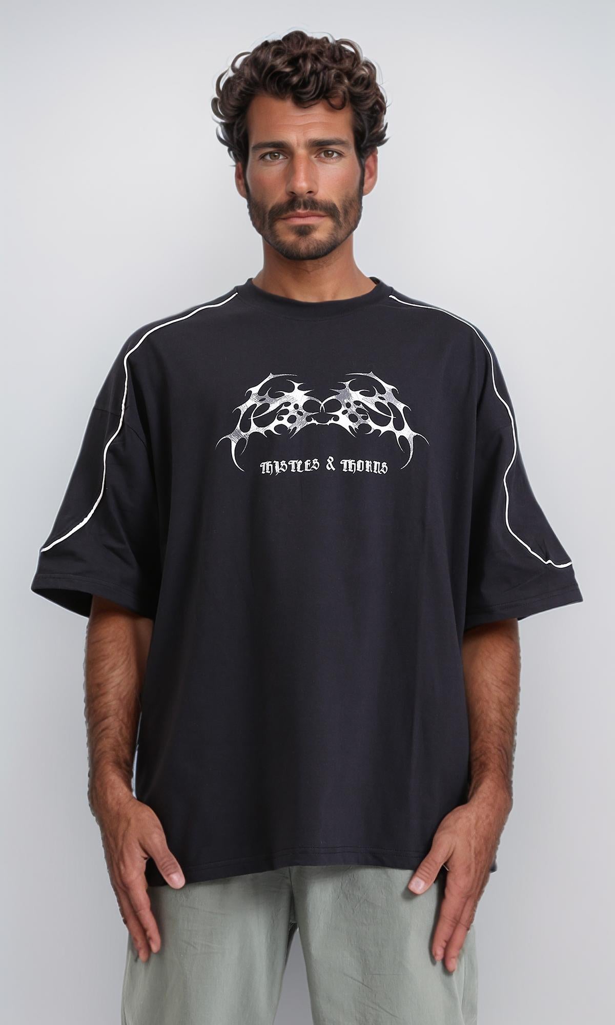 Slip On Printed Oversized Summer Tee - Black