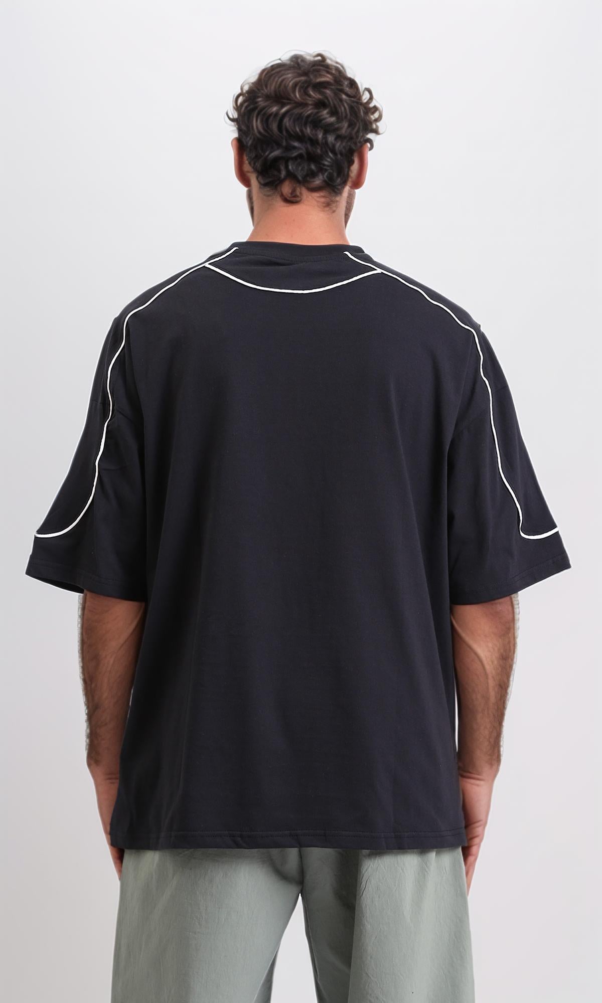 R205876 - تي شيرت صيفي واسع مطبوع سهل الارتداء - أسود