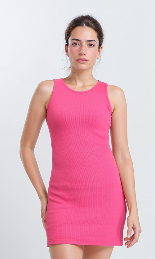 R205894 - Ribbed Sleeveless Bodycon Short Dress - Hot Pink
