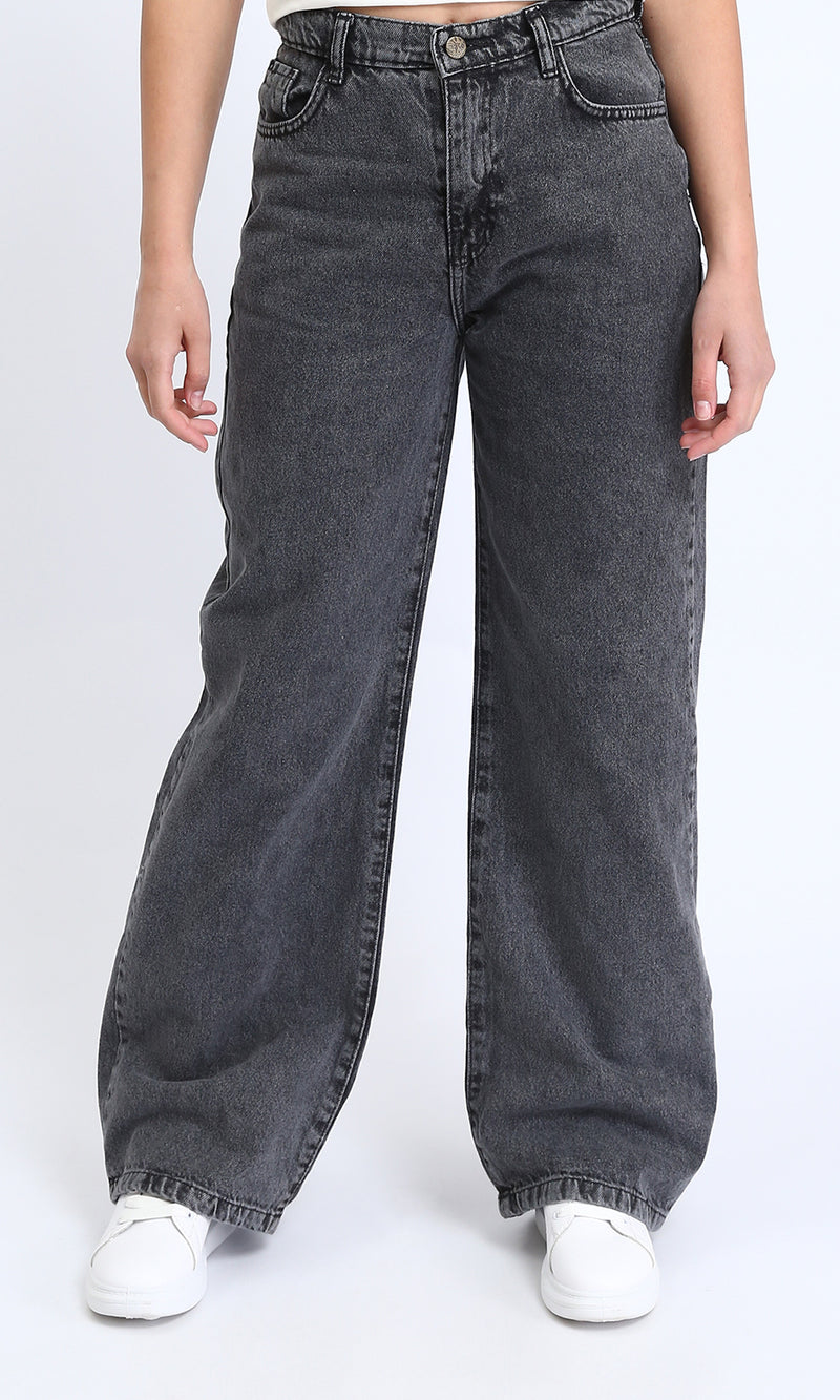 R205927 - Trendy Solid Wide Leg Jeans - Dark Grey